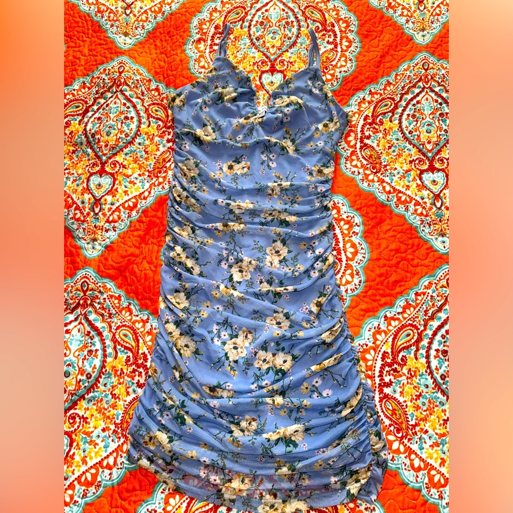 Ruched Floral Blue Dress